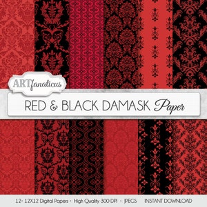 Boudoir digital papers &quot;RED & BLACK DAMASK&quot; elegant, black, red, damask for weddings, scrapbooking, invites, cards, home décor and more