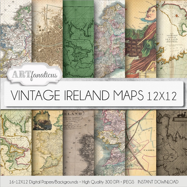 Vintage maps digital paper, "VINTAGE IRELAND MAPS" travel,antique maps, dublin, old world Ireland, sepia ireland maps, scrapbooking