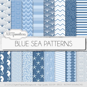 May include: A collection of blue digital papers with various sea-themed patterns. Designs include seashells, waves, stripes, and seahorses. The text "BLUE SEA PATTERNS" is displayed prominently. The image also includes the text "ARTfanaticus".