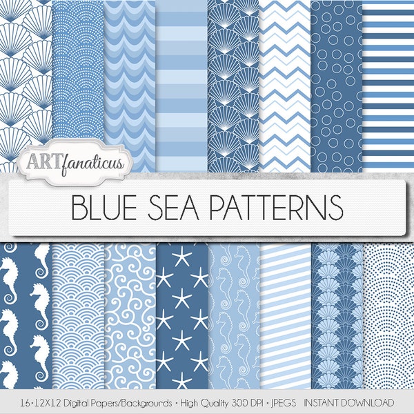 Beach digital papers "BLUE SEA PATTERNS" shells, seahorse, waves, seashell, ocean, starfish, chevron, sea, beach, nautical, seashore