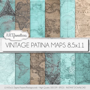 Vintage maps 8.5x11 digital papers, "VINTAGE PATINA MAPS 8.5x11" backgrounds,patina,vintage map, world map, America, Europe, Asia, Australia