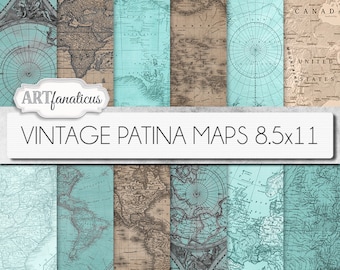 Puede incluir: Una colección de mapas de estilo vintage en varios colores, incluyendo turquesa y marrón, con el texto "VINTAGE PATINA MAPS 8.5x11". Los mapas están dispuestos en un patrón de cuadrícula. La imagen también incluye el texto "ARTfanaticus".