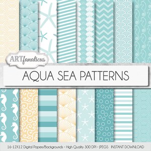 Beach digital papers "AQUA SEA PATTERNS" teal, shells, seahorse, waves, seashell, ocean, starfish, chevron, sea, beach, nautical, seashore