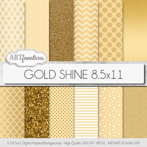 Digital paper, 8.5x11 GOLD SHINE gold background, gold glitter, golden stars, chevron, gold quatrefoil, blog background image 1