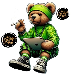 May include: A green and brown teddy bear wearing a green beanie, green shirt, and green and black plaid pants. The bear is sitting with a tablet in its hands and a cigarette in its mouth. The bear is wearing black and white sneakers. The image includes the text "the Design Bar" in gold lettering.