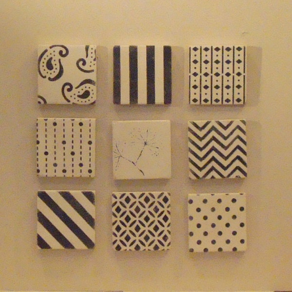 Geometric Art Wall Blocks Set of Nine Black and White