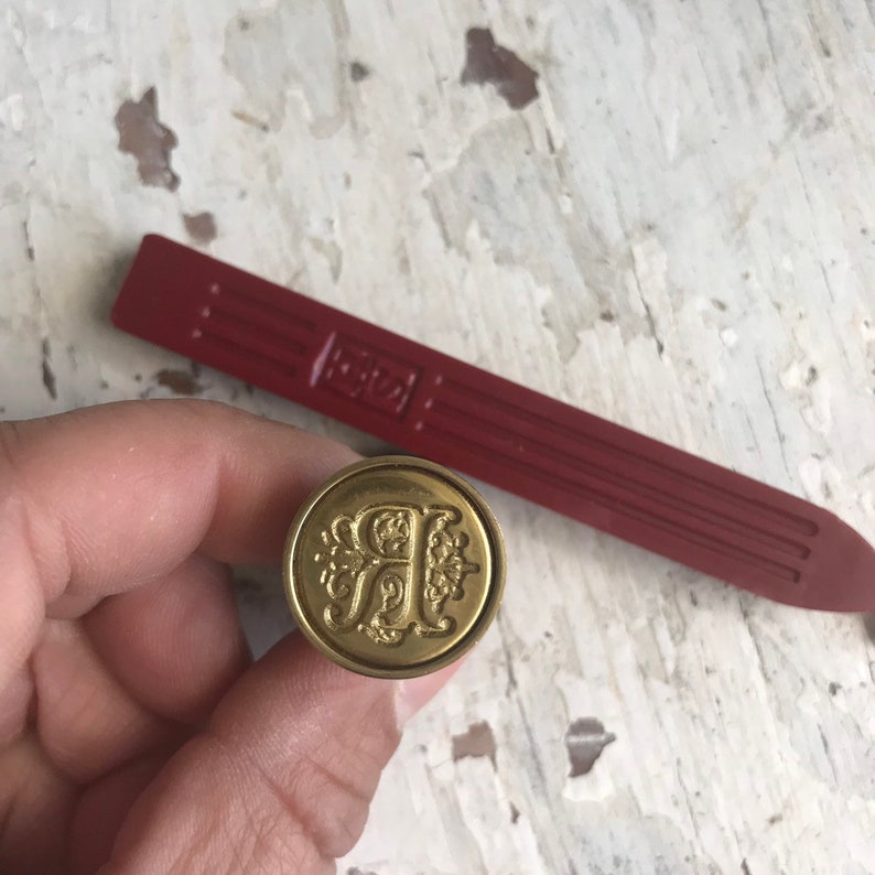 Vintage New Old Stock Letter R Wax Seal Stamp and stick of red wax