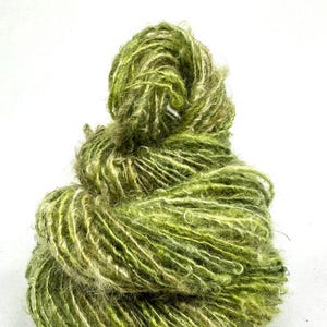 Handspun Single, from Kid Mohair dyed in shades of olive green, AVOCADO