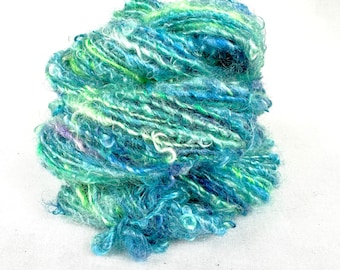 Handspun Single, from Kid Mohair dyed in many shades of blue and green, "Southern Seas"