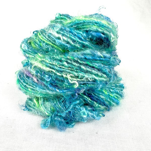 Handspun Single, from Kid Mohair dyed in many shades of blue and green, "Southern Seas"