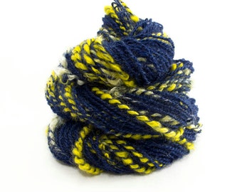 Handspun Yarn 2-ply. Kid Mohair locks. Dyed cobalt blue with yellow lock accents.