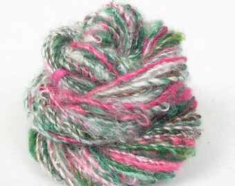 Handspun Yarn from kid mohair locks. Single, Hand dyed in White, fuchsia and dark green