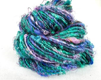 Handspun Single, from Kid Mohair dyed in shades of purple, blue and green, "Fantasia Locks"