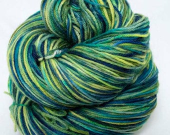 Hand Painted Sock Yarn.  Superwash Merino, Cashmere, Nylon. Shades of Blue Greens.