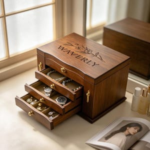 May include: A dark brown wooden jewelry box with three pull-out drawers and a top lid. The top is engraved with the name WAVERLY and a floral design. The drawers contain various pieces of jewelry, including watches, necklaces, and earrings.