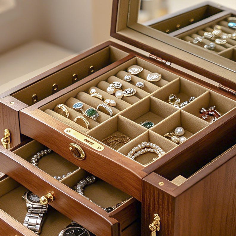 May include: A multi-tiered wooden jewellery box with a dark brown finish, featuring a hinged lid with an interior mirror, velvet-lined compartments for rings and small accessories, and pull-out drawers containing watches and beaded bracelets.