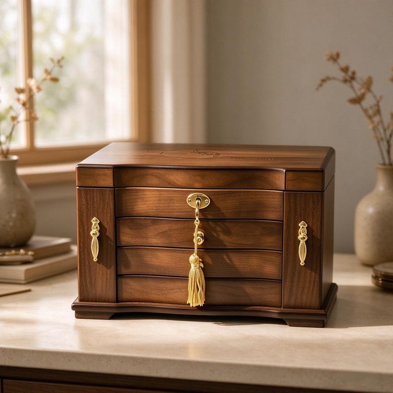 May include: A rectangular wooden jewellery box with a dark brown finish, featuring four horizontal drawers, gold-toned metal handles on the sides, and a central gold-toned lock with a hanging gold tassel key. The top surface has a subtle engraved design.