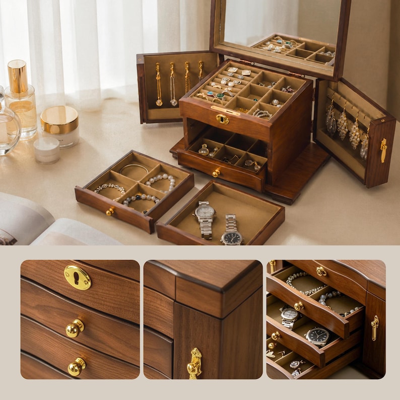 May include: A dark wood jewellery box with multiple compartments, drawers, and side panels for hanging necklaces. The interior is lined with beige fabric. It features gold-toned hardware, including knobs and a keyhole, and contains various rings, bracelets, and watches.