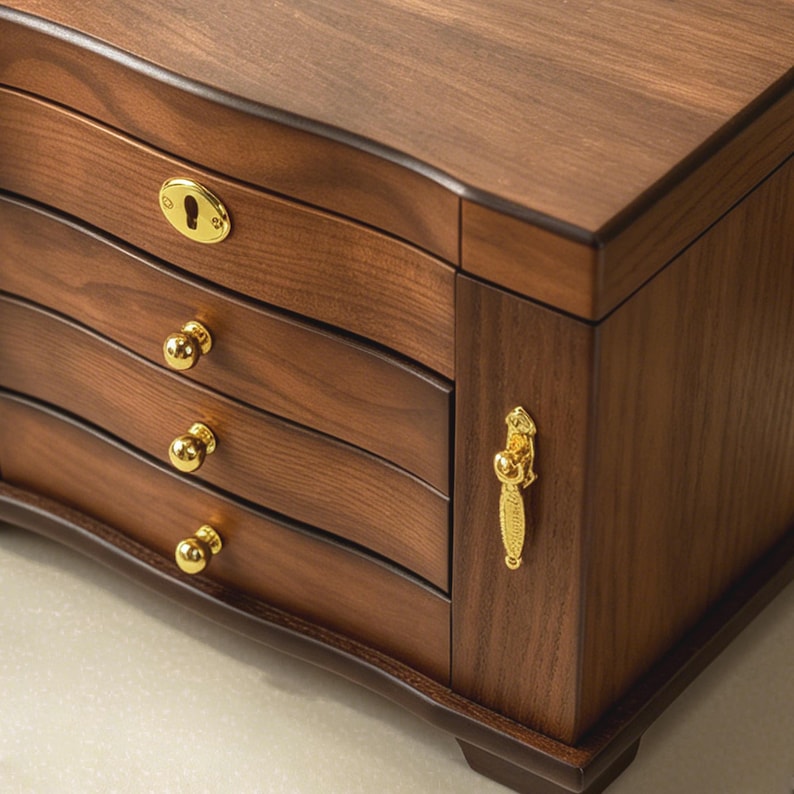 May include: A dark brown wooden jewellery box featuring three horizontal drawers with small round gold knobs, a gold keyhole plate on the top drawer, and a vertical gold handle on the side panel, showcasing a smooth wood grain finish.