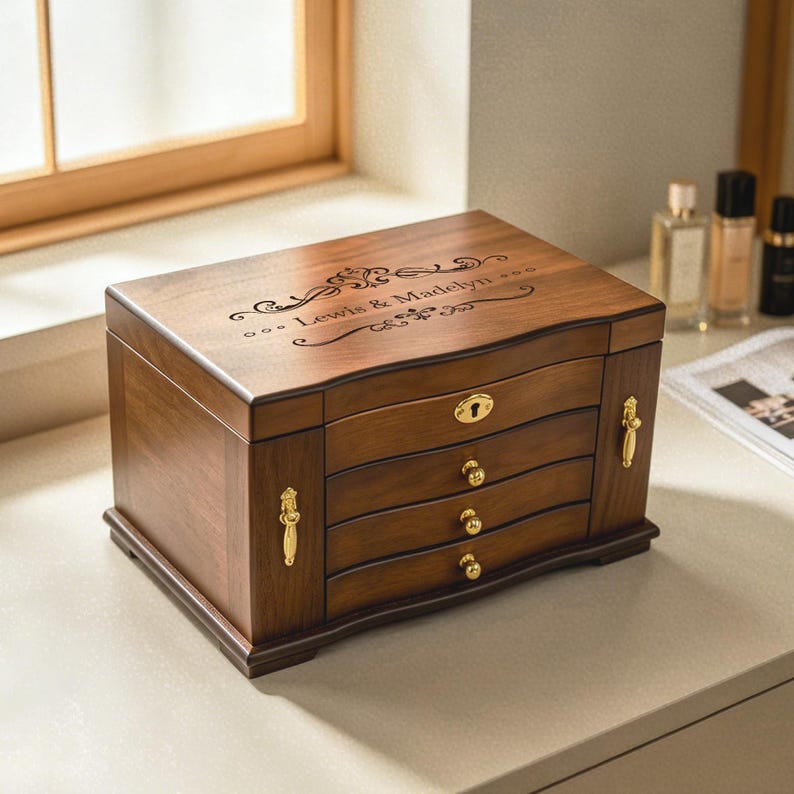 May include: A rectangular wooden jewellery box with a dark brown finish, featuring the engraved text "Lewis & Madelyn" on the top lid. The box includes three drawers with small gold knobs, a gold keyhole, and two gold side handles.