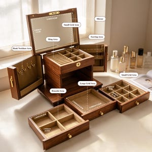 May include: A dark wood jewellery box with a hinged lid featuring an interior mirror, a ring area, earring area, necklace hooks, and multiple pull-out drawers with grid compartments. The box includes labels for dimensions in inches and centimetres.