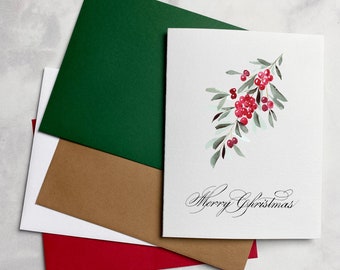 Merry Christmas | Mistletoe and White Berries | A2 Greeting Card | Calligraphy | Hand Lettering and Watercolor with Envelope