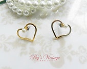 Lovely Vintage Heart Earrings Gold Tone Open Heart Earrings Pierced Earrings With Faux Pearl