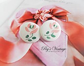 Vintage White Plastic Flower Earrings Pink Flower Round Button Pierced Earrings