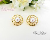 Vintage Faux Pearl Gold Tone Pierced Earrings, Wedding Bridal Jewelry