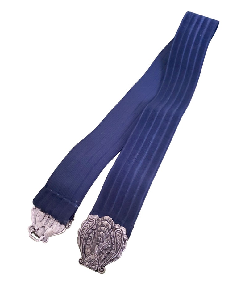 Vintage Blue Stretch Belt, Silver Scroll Belt Buckle, Ladies Fashion Belt Size S image 4