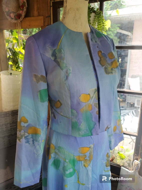 Vintage 70s Floral Hand Painted Dress and Jacket,… - image 10