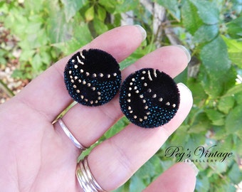 Vintage Black Velvet Earrings, Gold And Green Accents - Clip On Earrings