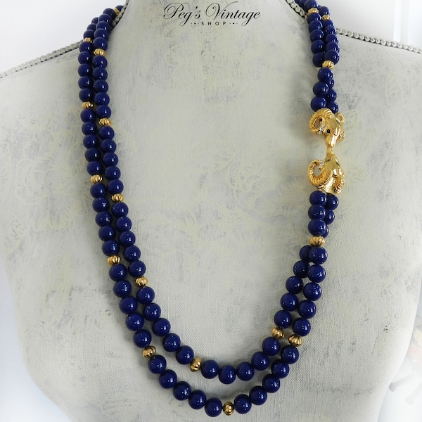 Vintage KJL For Avon Ram Head Gold Tone Rhinestone Necklace, Blue Faux Lapis Lazuli Double Strand Beaded Necklace