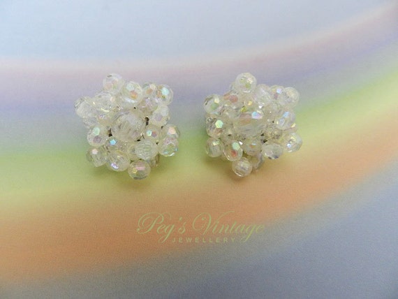 Vintage White Aurora Borealis Bead Earrings / Pla… - image 3
