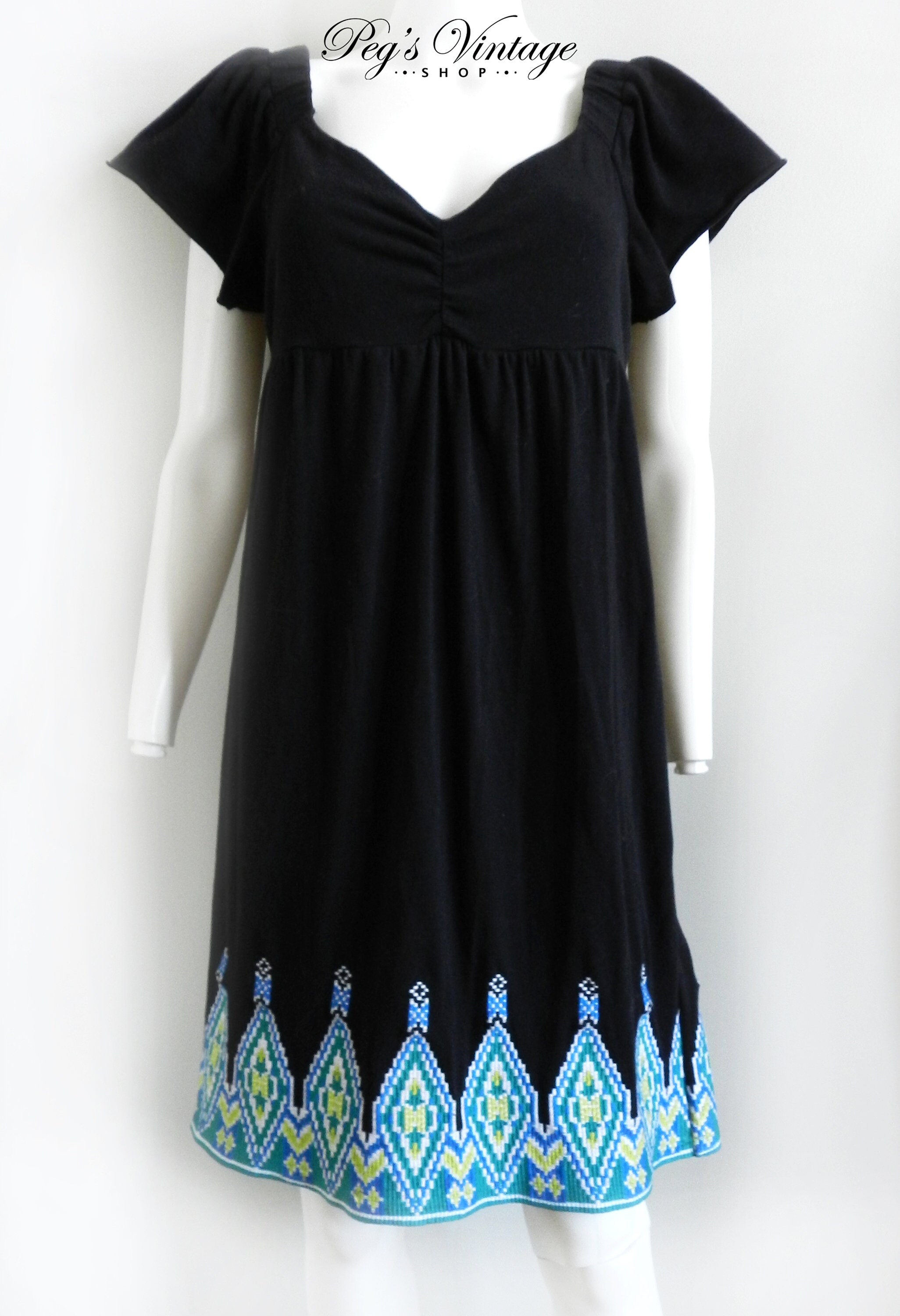 Vintage Embroidered Black Dress, Short Sleeve Black Southwestern  