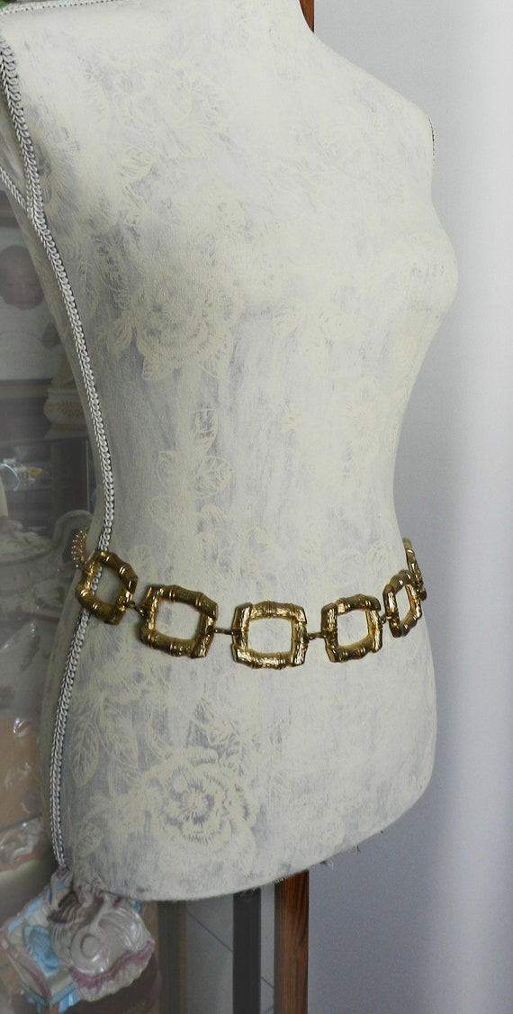 Vintage Belt 60s Gold Link Chain Belt with White Jewels Beads Medium