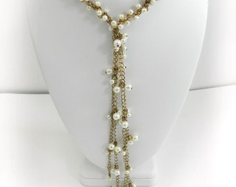 Vintage Pearl Tassel Necklace, Vintage Gold & White Pearl Necklace