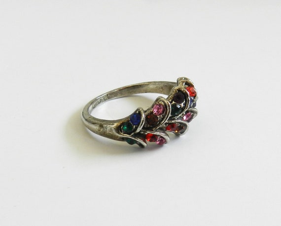 Vintage Multi Colored Rhinestone Leaf Ring / Silv… - image 3