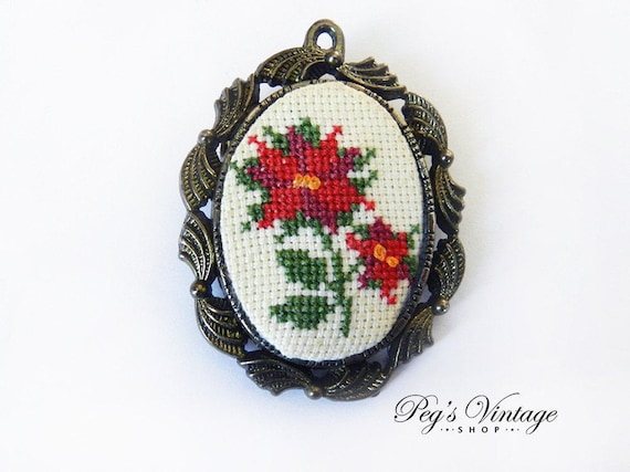 Pretty Cross Stitch Vintage Brooch Pendant, The C… - image 1