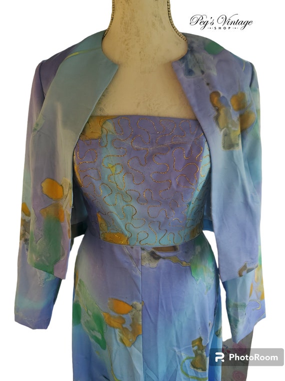 Vintage 70s Floral Hand Painted Dress and Jacket,… - image 2
