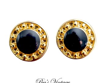 Vintage Gold & Black Pierced Earrings, Round Stud Earrings