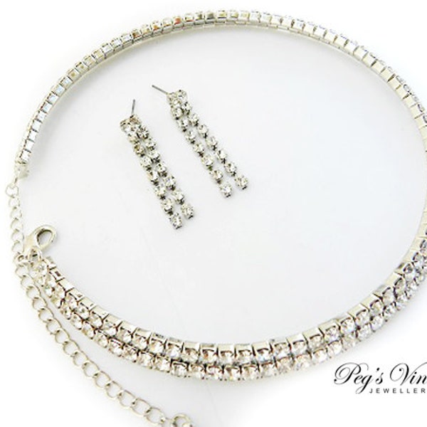 Vintage Rhinestone Collar Choker/Necklace Set ,Clear Princess Cut Double Row Bling Jewelry With Matching Dangle Earrings