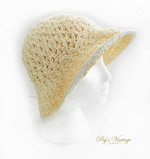 Vintage Beige Crochet Boho Bucket Hat, Summer Cot… - image 1