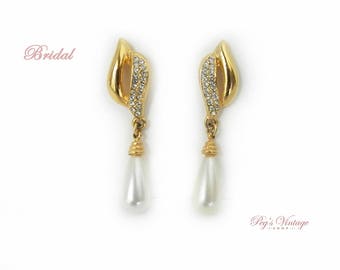 Vintage Faux Pearl Rhinestone Drop Earrings, Gold Tone Dangle Pearl Pierced Earrings, Bridal Jewelry