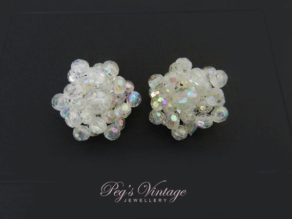 Vintage White Aurora Borealis Bead Earrings / Pla… - image 1