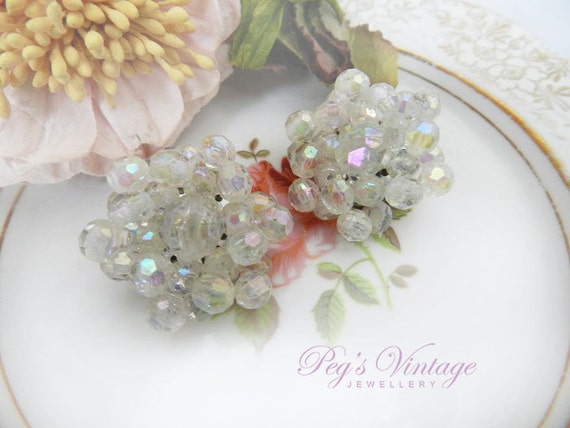 Vintage White Aurora Borealis Bead Earrings / Pla… - image 2