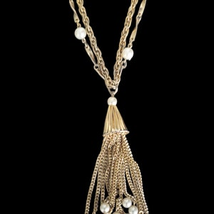 Vintage Multi Gold Chain Tassel Necklace, Gold Filigree & Pearl Chain Dangle Necklace image 2