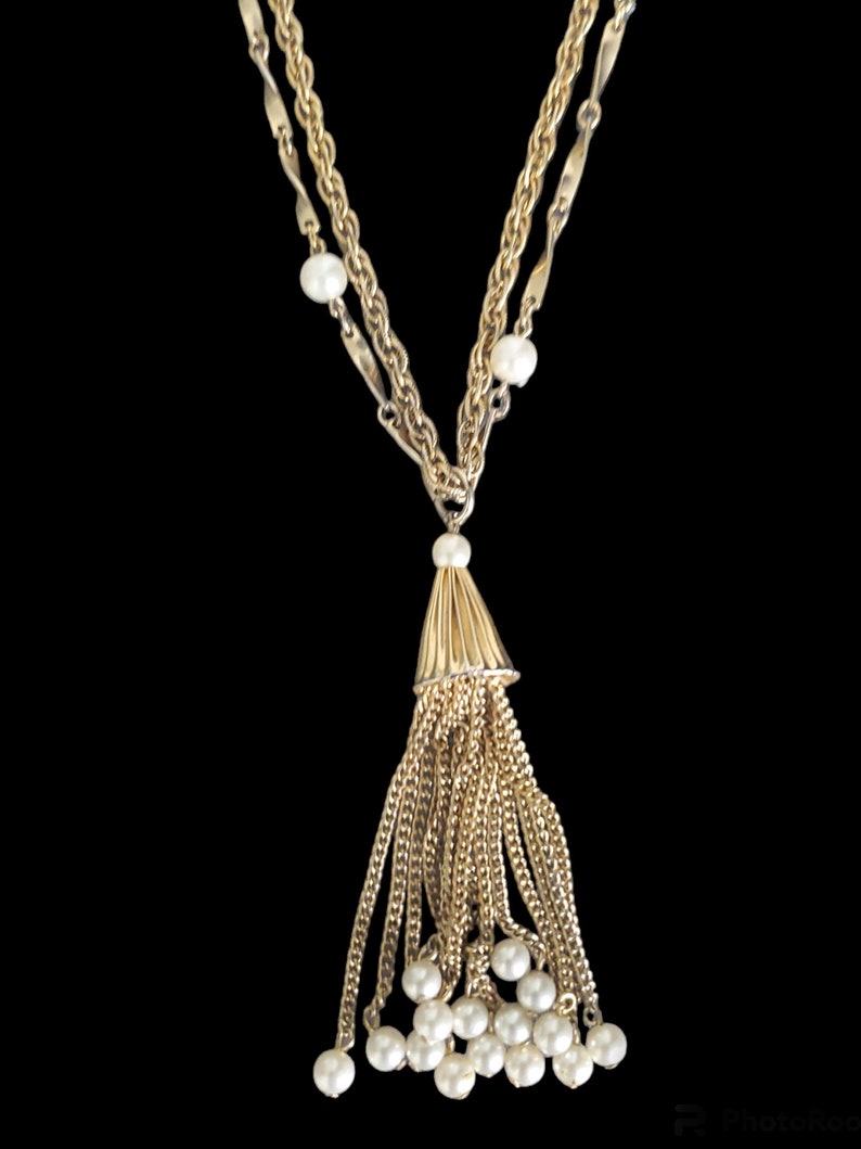 Vintage Multi Gold Chain Tassel Necklace, Gold Filigree & Pearl Chain Dangle Necklace image 2