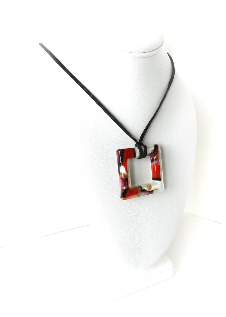 Vintage Fused Glass Pendant Necklace Red Black /& White Square Glass Pendant Necklace
