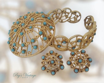 Vintage Marvella Jewelry Set, Gold Filigree & Turquoise Bead Demi Parure, Brooch/Bracelet/Earrings